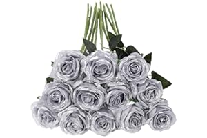 Tifuly 12 rose artificiali, 50 cm, stelo lungo singolo, in seta, bouquet da sposa realistico, per casa, giardino, feste, hotel, ufficio, decorazione (rose in fiore, argento)