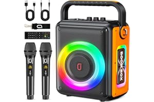 HWWR Altavoz Karaoke con 2 Micrófonos Inalámbricos, Sistema de PA para Adultos y Niños con Luces LED, Karaoke Soporte USB/TF/AUX/TWS/Rec para Fiestas al Aire Libre e Interiores