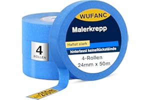 WUFANC Masking Tape pour Peinture Ruban Adhésif de Précision pour Travaux de Rénovation, Décoration et Bricolage Ruban de Masquage pour Peinture Facile à Retirer sans Résidus (4Rouleaux-24 mm x 50 m)