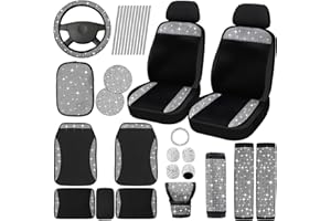 FUNTERY 32 Pcs Bling Car Seat Covers Full Set Rhinestone Crystal Steering Wheel Cover Shiny Seat Belt Glitter Cover Center Console Pad Cup Mat Diamond Bling Car Accessories for Women Car Interior Fit Most Car