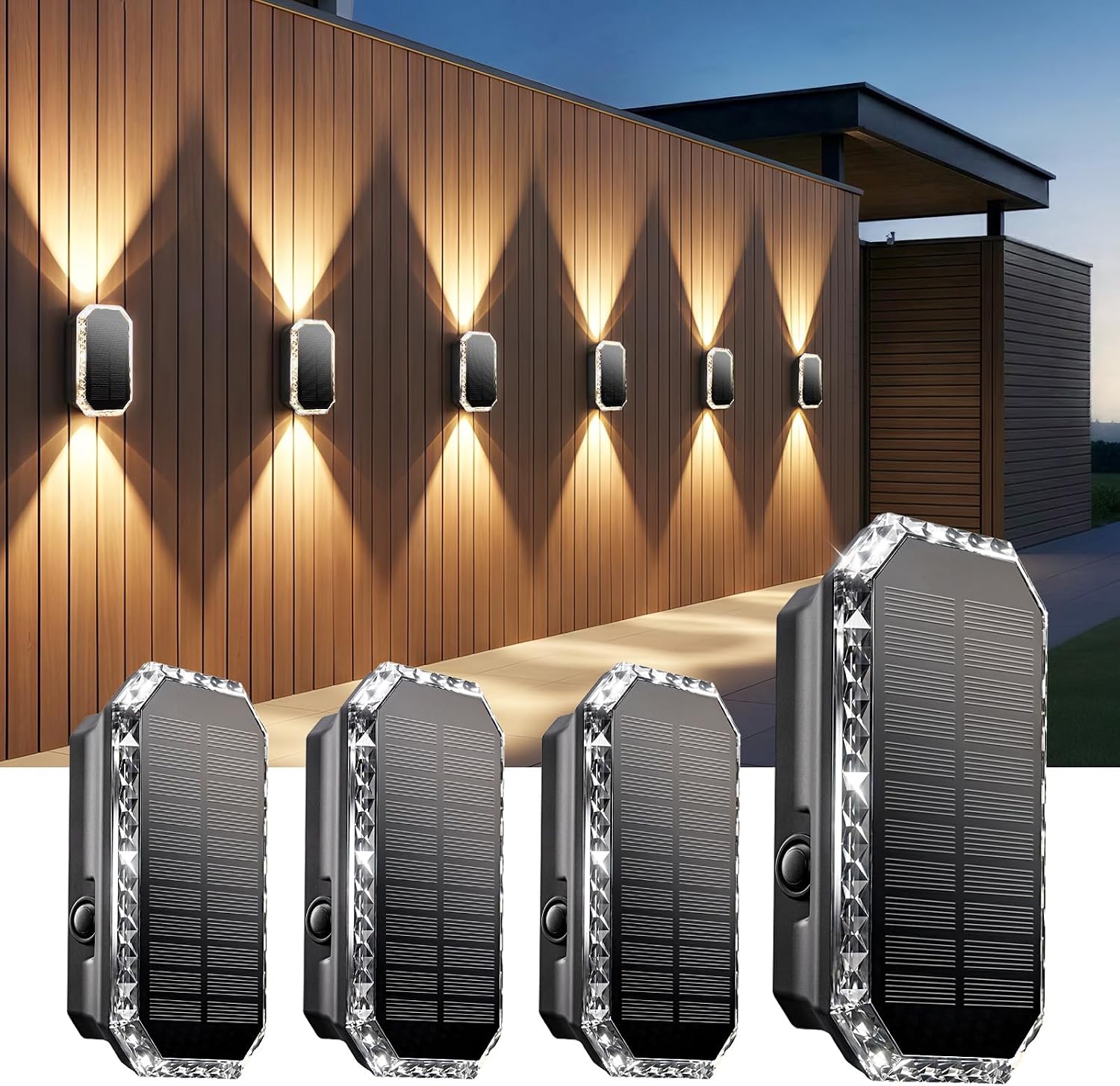 SUNNMO Aplique Solar Exterior Pared, 4 Piezas Luces Solares Exterior Arriba y Abajo, Lamparas Solares 3 Colores Luz Calida Blanca, IP65 Impermeable Luz Solar Pared Patio Jardin Muro, 3000K/4000K/6500K