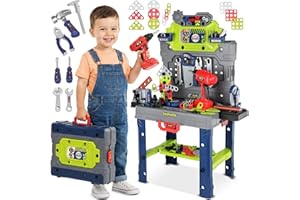 Kinderplay Kinder Werkbank 132 TLG mit Werkzeugset und Bohrmaschine, Werkstatt für Kinder ab 3 Jahren, 2 in 1 Werkbank Koffer, Werkzeugbank Spielzeug für Jungen und Mädchen