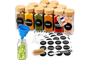 Deco haus® Pots à Épices Carrés Hermétiques, Set de 12 [avec Étiquettes & Saupoudreur] - Bocaux à Épices en Verre - Conteneurs à Épices, Spice Jars - Rangement d'Épices - Conteneurs pour Épices