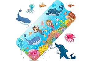 MOOING Tappetino Vasca Antiscivolo Bambini da Bagno, 100x40cm Tappetino per Doccia Antiscivolo, Tappetino Doccia Antiscivolo Bebe con 200 Ventose e Modello Animale Marino