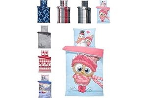 one-home Winter Bettwäsche Thermo Fleece Kuschelig Warme Bettbezüge Flauschig Warm Weich, Größe:2 teilig 135x200 cm, Farbe:Eule Schneemann Rosa Blau