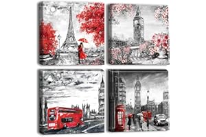 Artscope Stampe e Quadri su Tela 4 pz. Torre Eiffel del Big Ben Immagine Fotografia Murale Tela Wall Art Bel Regalo per Home Decor Ristorante Cucina Regalo di Anniversario Compleanno 30x30CM