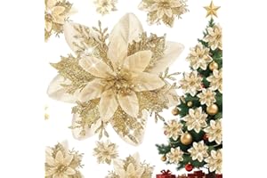 Aitsite Gold Poinsettia Christmas Decorations, 16Pcs Glitter Christmas Poinsettia Flowers, Artificial Flowers With Clips for Christmas Tree Ornaments Party Wedding Decoration