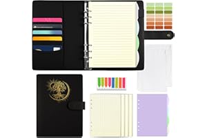 Qefuna segregator A5, okładka z PU z wytłoczonym na folii motywem Drzewa Życia Słońca, notatnik z wkładem 180, kieszeniami i przekładkami, Czarny