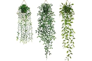 BEKOMIYA Hängepflanze Künstlich, 3 Stück Kunstpflanze Hängend mit Töpfen Künstliche Pflanzen Eukalyptus Blätter 65cm Lang, Kunstpflanzen wie Echt, Fake Plant für Büro, Garten, Party, Wanddekoration