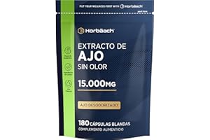 HORBÄACH Ajo Cápsulas 15000mg | 6 Meses de Suministro - 180 Perlas | Extracto de Ajo - Fuente de Alicina | Alta Resistencia | Horbaach