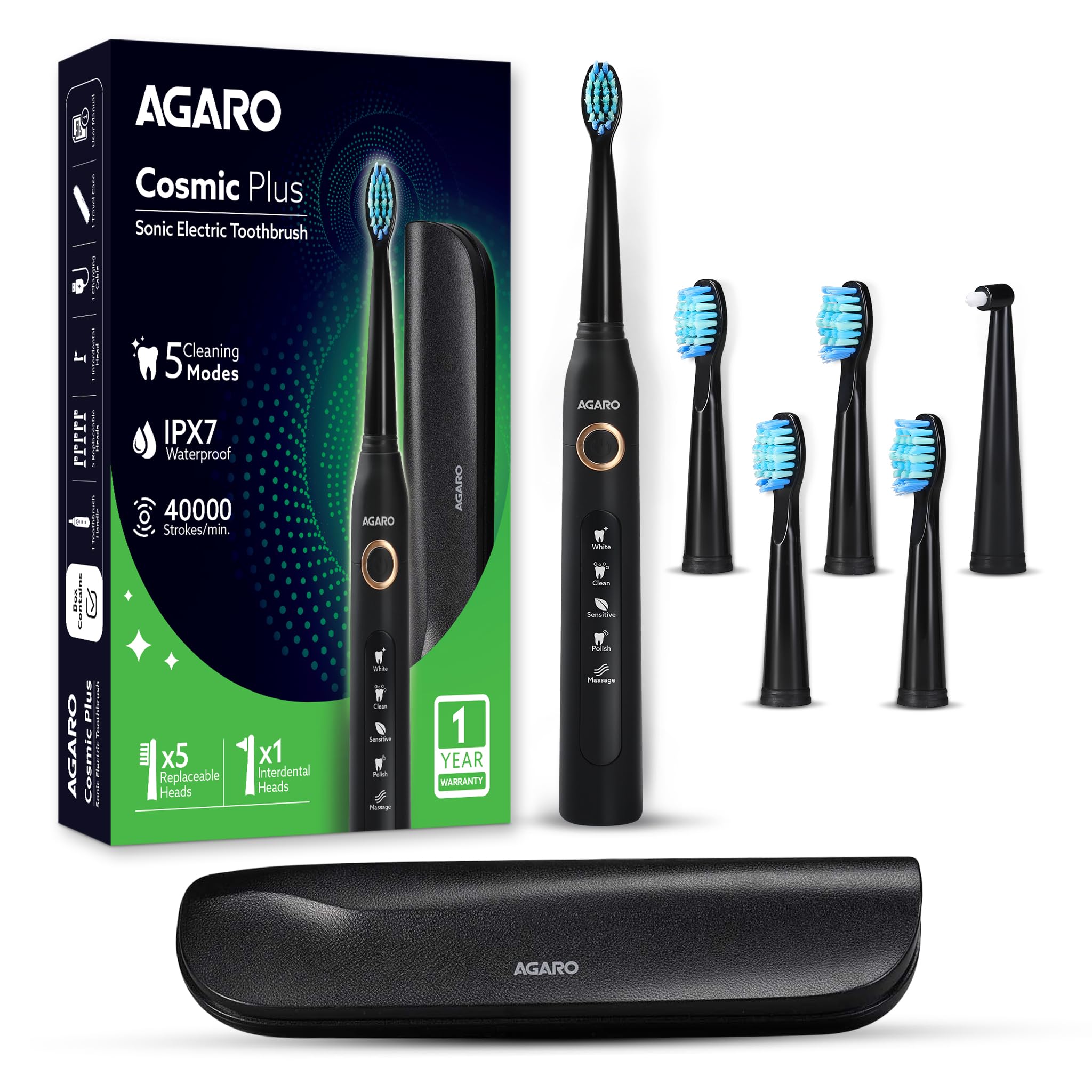 AGARO COSMIC PLUS Sonic Electric Tooth Brush For Adults With 5 Modes, 5 Brush Heads, 1 Interdental Head, Carry Case & Recharg