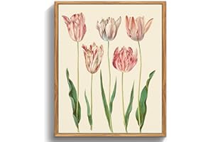 MHARTK66 Quadri Vintage Botanico Soggiorno con Cornice Legno, 30x40 cm Stampe da Parete Tulipani Rosa Fiori Illustrazione, Quadro Camera da Letto Su Tela Decorazioni Parete Desktop Arte Bagno