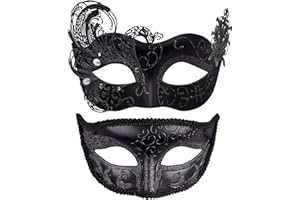 SIQUK 2 Piezas Máscara Veneciana Mujer Hombre Parejas Máscara Mascarada Media Cara para Halloween Carnaval, Negro