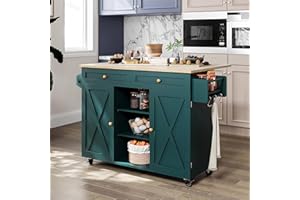 ‎HOLTICO HOLTICO Kücheninsel auf Rädern, Rollender Kücheninselwagen mit abklappbarer Arbeitsplatte, Kücheninsel-Tisch mit Lagerungsschrank und Turmregal, Insel-Tisch für Küche und Esszimmer (Grün)