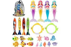 24 Pcs Diving Pool Toys for Kids, Mermaid Dive Toys Set with Underwater Fish, Dive Rings, Torpedo Bandits, Sinking Sea Animals with Storage Mesh Bag, Summer Pool Party Swimming Training Toys