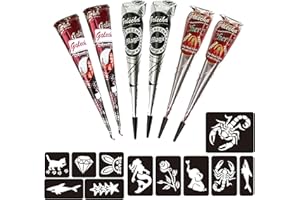 ‎NATURIC Naturic 6x Henna Tattoo, Temporäre Tattoo 11x Henna Tattoo Schablone, Temporäre Mehndi Tattoos, Natürliche Kegel, Tattoo sticker, Temporäre Tätowierung Rotbraun, Cherry Rot, Schwarz