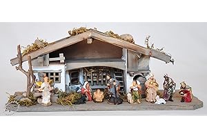 BTV Premium Weihnachtskrippe + Zubehör, massiv Vollholz Massivholz komplett MIT hochwertigen Premium Figuren, Krippe MIT Figuren und Zubehör, Krippenstall Weihnachten Krippenzubehör