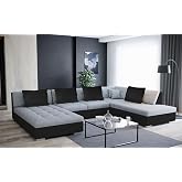 Canapé Panoramique Convertible 7 Places En U - Gris, Tissu Et Simili Cuir - Avec Coffre De Rangement XXL - 9