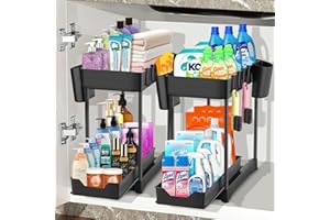 HIYAA Armadietto sotto lavello a 2 piani, organizer sotto lavello, cassetto scorrevole per estrazione, mensola da cucina, ripiano per spezie, cestino portaoggetti multifunzione per bagno, nero, 2 pezzi