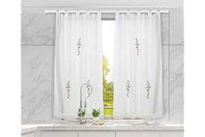 HOMEYA - Cortina Cocina Translúcida 150x150cm - Cortina con Bordados de Cerezas,para Cocina,Comedor, Marco de Puerta - 1 Unidad Color Blanco,100% Poliester