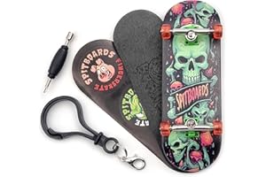 SPITBOARDS 32 x 96 mm Fingerboard Complete Wood Set-Up Assembled, 5 strati, Silver Trucks with Bushings and Nuts, Transparent CNC Bearing Wheels, Lasered Foam Grip Tape Orange Green Skull