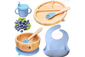 CLAUDI HOME Set prima pappa svezzamento per bambini in bambù ecologico e silicone senza BPA - Piatto a ventosa, ciotola, forchetta, cucchiaio, bavaglino e tazza con cannuccia in silicone. (Azzurro)