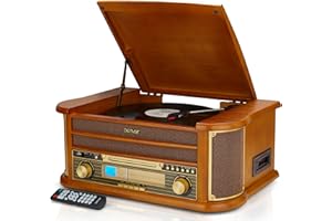 Denver 8-in-1 CD Bluetooth Cassette Player Retro Wooden Record Player HiFi System – 3 Speed Vinyl Turntable & Cassette With CD Player, FM/AM Radio, MP3 USB Recording, AUX IN And Line Out – MCR-50BT