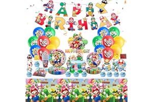 SIDESEA Partygeschirr Geburtstagsdeko, 85 Stück Deko Geburtstag Super Bros Pappteller Kindergeburtstag Luftballons Tischdecke Geburtstag Tortendeko Deko Geburtstag Kinder für 10/20 Personen