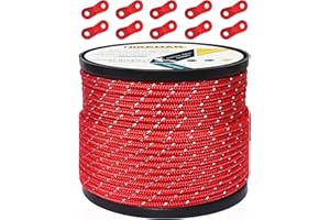 HIKEMAN 50 mètres de câble de réflecteur câble de Camp extérieur Corde de Guidage de 100% Nylon Corde enroulée de 10 tenseurs en Alliage d 'Aluminium pour Camper (Rouge, Diameter 4 mm)