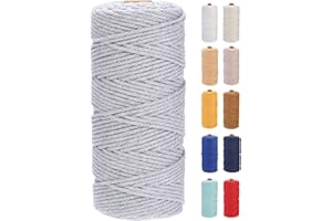 GOHOF Macrame Cord 3mm x 100m Premium Cotton Macrame Rope, 4 Strand Twisted Soft Cotton Cord, One of The Most Perfect Materials for Macrame Art, Cotton String Without Chemicals(Light Grey)