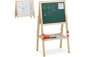 Relaxdays Lavagnetta per Bambini, Regolabile in Altezza & Magnetica, Gesso, 81-104x45x42 cm, Fibra, Legno Naturale, 104 x 45 x 42 cm