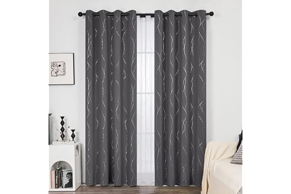 Deconovo Lot de 2 Rideaux Occultants Isolant Thermique Anti Froid pour Enfant Gris Foncé 140x240cm Rideaux à Oeillets Les Point-Lignes Imprimés Argents