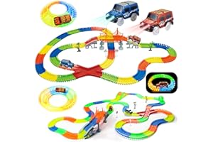 JUYOUNGA Car Track Glow in the Dark, Glow Race Tracks Toy with 2 LED Light Race Cars, 360PCS Flexible Race Track Construction Toy Gifts for 3 4 5 6 Year+Boys Girls