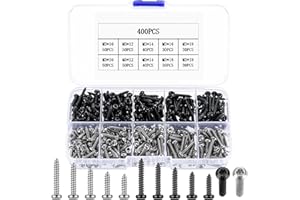 JINZEYOU 400 sztuk wkrętów do blachy, M3, zestaw wkrętów z łbem płaskim i z łbem soczewkowym, z tarczą, do tworzywa sztucznego, metalu, czarne/srebrne
