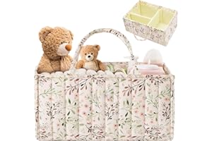 YTACREA Organisateur de Couche Bebe, Panier Rangement Bébé avec Compartiment Amovible, Panier Table a Langer Bebe Pour Lingettes et Articles, Motif Floral, Poignée Portable, Cadeau pour Naissance-né