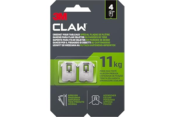 3M CLAW Crochets pour Accrocher des Tableaux sur des murs en plâtre, 4 Crochets - Poids Maxi testé jusqu'à 11 kg - Idéal pour Fixer des Objets lourds, Miroirs, Décoration d'intérieur, sans Outil