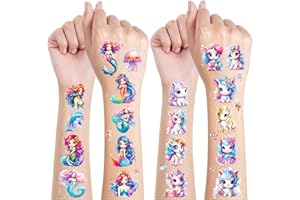 JOJOLUXE Tatuaggi Glitterati per Bambini Set, 12 Foglie Tatuaggi Temporanei Unicorno & Sirena per Bambini, Tatuaggi Bambini Gadget Compleanno, Unicorno Bambina Regalo, Festa Sirena per Regalo, Giochi Bambini