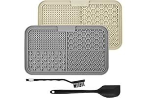 BASVII 2 PCS Tappetino Leccare Cane e Gatti con Ventose,25x15 cm, Lick Mat per Cani, Tappetino Silicone, con Spatola e Spazzola, per Il Bagno, L'alimentazione (Riso + Grigio)
