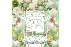 GYESXYW Sage Green Birthday Decorations Set, Happy Birthday Banner, Balloons, Fringe Curtain, Tablecloth, Sash, Crown, Pom Poms for Girls Women Men Boys