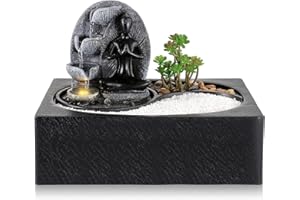 ‎DYNA-LIVING Dyna-Living Zimmerbrunnen Tischbrunnen, Brunnen Polyresin Springbrunnen LED-Beleuchtung, Tischplatte Wasserbrunnenl mit Sand Steinen & Pflanzen Dekorationen, Sitzende Buddha Brunnen, 29 x 21 x 23cm