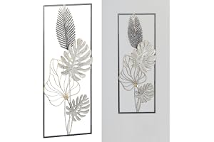 Väggdekoration 3D-utseende för upphängning│Motiv blad metall grå/silver/guld, 28,5 x 74 cm (B x H)│Väggskulptur horisontellt