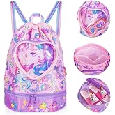 PinkSheep Kids Swim Bag Gym Drawstring Backpack for Girls Boys Waterproof Beach Bags with Shoe Compartment and Moistureproof