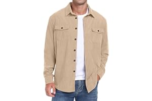 QIXING Men's Corduroy Button Down Shirts Long Sleeve Shacket Trucker Jacket Autumn Winter Coats with Flap Pockets