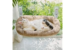 EDAGNY Cama para Gatos Ventana Felpa, Cama Gato Ventana Plegable para Gatos de Interior, con Cubierta Gruesa Extraíble, Hamaca Ventana Gato Soporta hasta 18 kg (Camello, M)