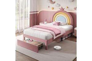 JOVIFY 3ft Single Upholstered Platform Bed Frame with Adjustable Rainbow Headboard and Storage Drawer/Velvet Fabric/Sturdy Wooden Slat Support/No Box Spring Needed, Youth Bed for Adults Kids Teenagers, Pink