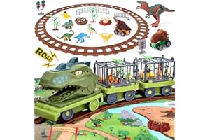 TOYSSA Jouet Dinosaure Camion pour Enfants Dinausore Camion Transporteur avec Circuit Voiture,Son,Figurines de Dinosaures,Voitures à Tirer,Véhicule Jouets Anniversaire Cadeau Enfant Garçons 3 4 5 6 7 Ans