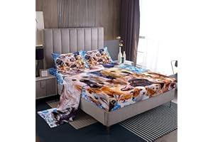 LOUSSIESD Set di lenzuola con angoli per cuccioli, con motivo animale, carlino e bulldog, set di lenzuola amanti dei cani, vari cuccioli di animali e lenzuola, 4 pezzi, biancheria da letto king