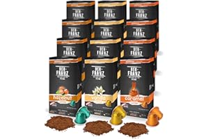 ‎DER-FRANZ Kapsułki do kawy kompatybilne z Nespresso, 12 x 10 Kapsułki (40 x aromatyzowana orzechami laskowymi, 40 x aromatyzowana aromatem waniliowym, 40 x aromatyzowana karmelem)