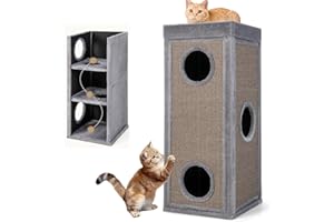 GYMAX Kratztonne 40 x 40 x 99 cm, 4-stöckige Katzentonne mit 3 Höhlen, abnehmbare Plüschkissen & 2 Kratzbretter, Stabiler Kratzbaum für kleine & große Katzen, Grau