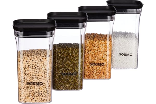 Amazon Brand - Solimo Plastic Storage Jar and Container Set I Air Tight & BPA Free Containers for Kitchen Storage Set I Grocery Kitchen Container Set I Multipurpose Jar, 1100 Ml Each, Set 4, Black